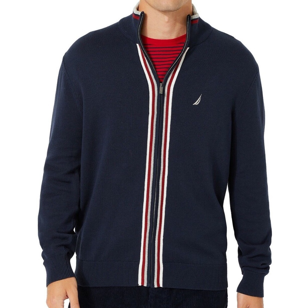 NAUTICA Men's Classic Fit Zip Front High Neck Navy Blue Sweater. Size Large